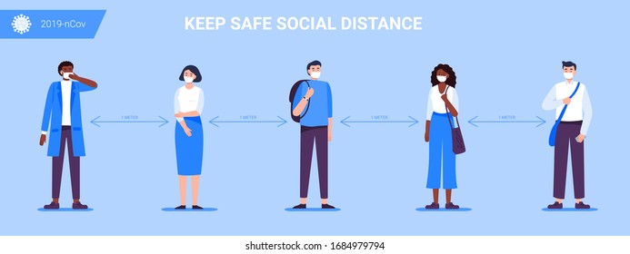 Social Distancing. People keep a distance for infection and disease, wearing a surgical protective medical mask to prevent virus Covid-19. Health care concept. Vector illustration.