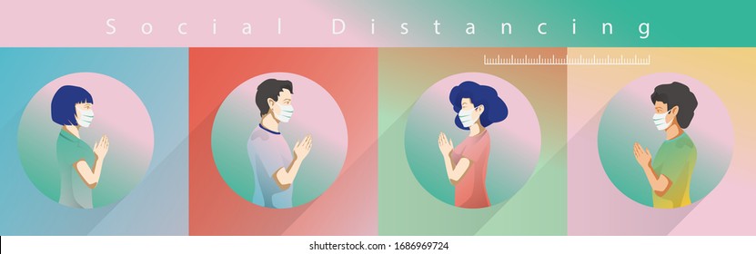 Social distancing, people keep distance and avoid physical contact, handshake or hand touch to protect from COVID-19 coronavirus spreading concept, people are using the Indian greeting of namaste