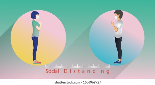 Social distancing, people keep distance and avoid physical contact, handshake or hand touch to protect from COVID-19 coronavirus spreading concept, people are using the Indian greeting of namaste