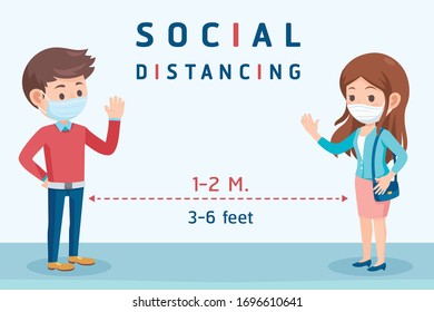 Social distancing. People keep distance to safe from infection and disease, wear medical mask. Covid-19 corona virus outbreak spreading. Healthcare concept. Vector illustration.
