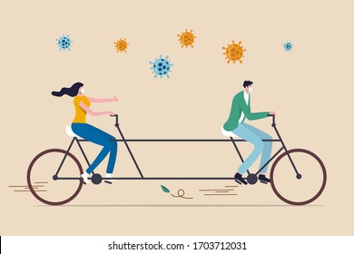 Social distancing, people keep distance in public to protect from COVID-19 Coronavirus outbreak spreading concept, couple man and woman keep distance away on tandem bicycle with Coronavirus pathogens.