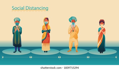 Distancia social, la gente mantiene la distancia y evita el contacto físico, apretón de manos o tacto de mano para proteger del concepto de propagación del coronavirus COVID-19, la gente está usando el saludo de Namaste de la INDIA