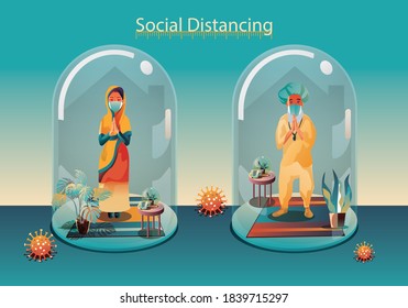 Social distancing, people keep distance and avoid physical contact, handshake or hand touch to protect from COVID-19 coronavirus spreading concept, people are using the INDIA greeting of Namaste