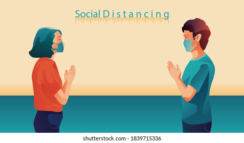 Social distancing, people keep distance and avoid physical contact, handshake or hand touch to protect from COVID-19 coronavirus spreading concept, people are using the THAILAND greeting of Sawasdee