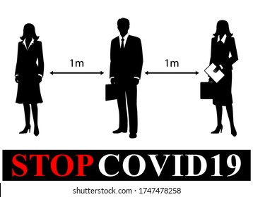 Social Distancing, People Keeping 1m Distance For Prevent Corona Virus. Office And Business People Silhouettes Vector.