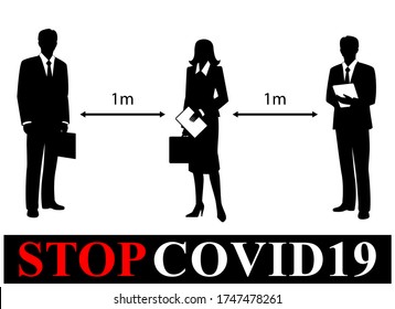 Social Distancing, People Keeping 1m Distance For Prevent Corona Virus. Office And Business People Silhouettes Vector.