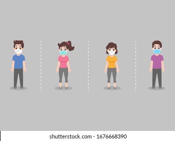 Social Distancing, People keeping distance for infection risk and disease ,wearing a surgical protective Medical mask for prevent virus Covid-19. Health care concept.