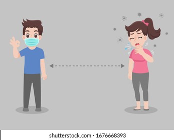 Social Distancing, People keeping distance for infection risk and disease ,wearing a surgical protective Medical mask for prevent virus Covid-19.Corona virus. Health care concept.