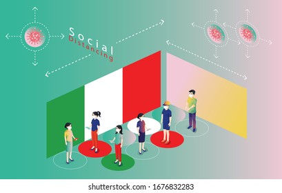 Social Distancing, People keeping distance for infection risk and disease, wearing a surgical protective Medical mask for prevent virus Covid-19 Corona virus novel. italy flag Health care concept.