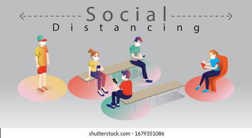 Social Distancing, People keeping distance for infection risk and disease, male and female wearing a surgical protective Medical mask for prevent virus Covid-19 Corona virus novel Health care concept.