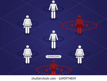 Social Distancing. People keeping distance for infection risk and disease prevention Of Corona Virus. Social Distancing Isometric Concept. Dark Blue Background