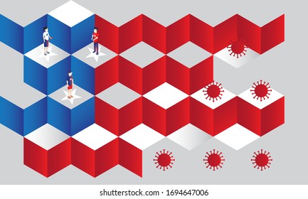 Social Distancing, People keeping distance for infection risk and disease, wearing a surgical protective Medical mask for prevent virus Covid-19 or Corona virus novel. USA flag Health care concept.