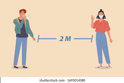 Distanciamiento social, Personas que mantienen distancia por riesgo de infección y enfermedad, usando mascarilla médica para prevenir el virus Covid-19 Coronavirus. Ilustración de vectores en un estilo plano