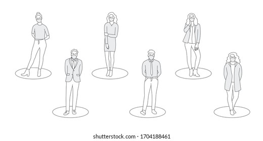 Distancia social, Personas que mantienen distancia por riesgo de infección y enfermedad, usando una máscara médica quirúrgica protectora para prevenir el virus Covid-19. Concepto de atención de la salud. Ilustración vectorial dibujada a mano.