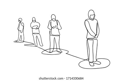 Social Distancing, People keeping distance for infection risk and disease ,wearing a surgical protective Medical mask for prevent virus Covid-19. Health care concept. Line drawing vector illustration.