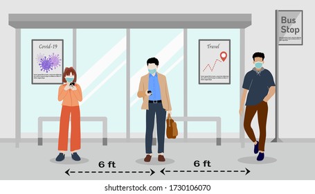 El distanciamiento social. Personas que mantienen la distancia del riesgo de infección y la enfermedad del virus de la corona. Pararse en una parada de autobús para evitar el virus