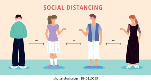social distancing, people new normal, wearing face mask and social distance vector illustration
