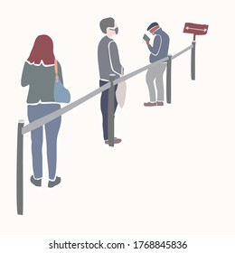 Social distancing people in a queue behind barrier concept. Group shopper with face mask waiting in line. Preventative clip art symbol with copy space. 
