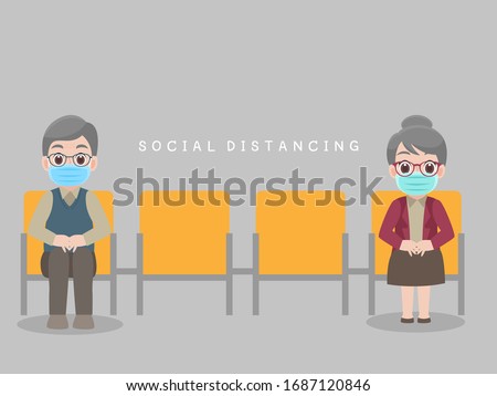 Social Distancing, People sit on chair keeping distance for infection risk and disease, Grandparents wearing a surgical protective Medical mask for prevent virus Covid-19.Corona virus. Health care con