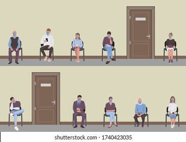 Social distancing of people sitting on chairs in corridor and waiting in the queue turn the door