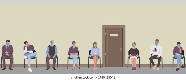 Social distancing of people sitting on chairs in corridor and waiting in the queue turn the door