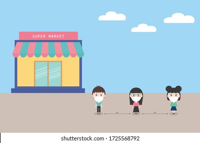 Social distancing. People wear face mask and keep distance for protect virus when they're going to shopping at supermarket.