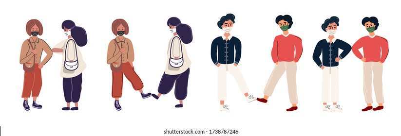 Social distancing. People wearing face mask and keep distance from each other. For avoid physical contact. Elbow bump, foot tap, new novel, new greeting. Vector illustration in flat cartoon design.