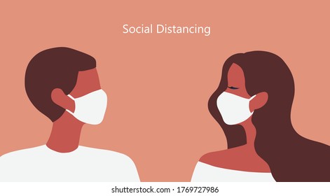 Social distancing people wearing face mask and keep diatance to prevent from covid-19 coronavirus outbreak. New normal social distancing concept background