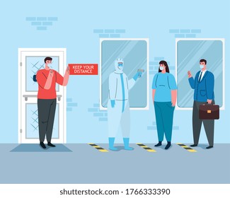 social distancing, people wearing medical mask in line standing, facade of company, prevention coronavirus covid 19 vector illustration design