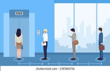 Social distancing, People wearing medical mask wait in line for elevator  at company  , keep distance for 2 centimeters, health protection, new normal,vector illustration