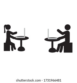 Social distancing. People who work on laptops. Keep a distance of 2 meters. Prevention of coronavirus. Covid-19