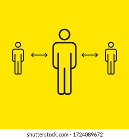 Social distancing pictogram. Three outline human figures standing straight keeping distance from each other. Group. Crowd separation sign. Personal space arrow. Clear message. Sickness prevention.