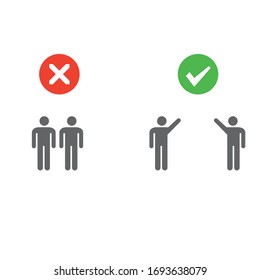 Social distancing pictogram. Two examples of human figures standing straight close and far away from each other. Right and wrong demonstration. Separation sign. Personal space. Sickness prevention.