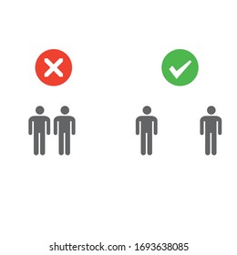 Social distancing pictogram. Two examples of human figures standing straight close and far away from each other. Right and wrong demonstration. Separation sign. Personal space. Sickness prevention.