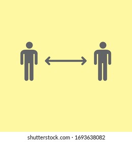 Social distancing pictogram. Two human figures standing straight keeping distance from each other. Separation sign. Personal space arrow. Clear simple message. Sickness prevention.