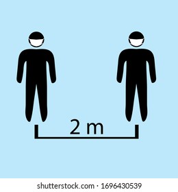 Social distancing pictogram. Two human figures in masks standing straight keeping distance from each other. 2 meters separation sign. Personal space arrow. Clear simple message. Sickness prevention.