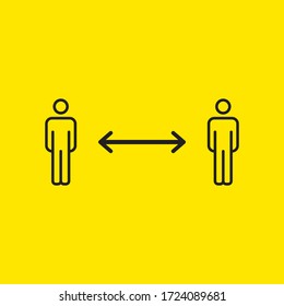 Social distancing pictogram. Two human outline figures standing straight keeping distance from each other. Separation sign. Personal space arrow. Clear simple message. Sickness prevention.