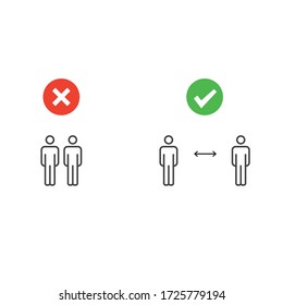 	
Social distancing pictogram. Two human figures examples standing straight close and far away from each other. Right and wrong demonstration. Outline sign. Personal space arrow. Sickness prevention.