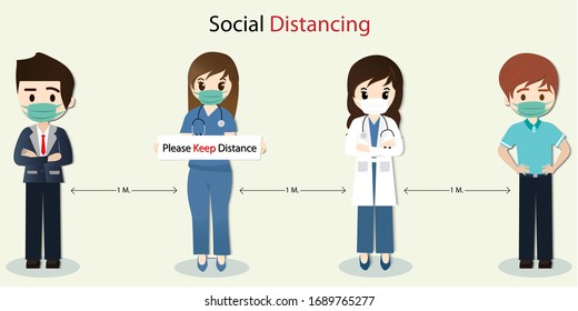 Distancia social, por favor mantengan la distancia en la sociedad pública para proteger del concepto de propagación del brote de coronavirus COVID-19, ilustración vectorial.