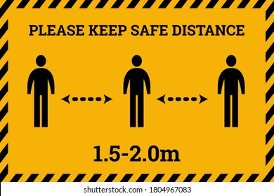 Social distancing. Please keep safe distance. Horizontal banner.Icon black and yellow color. Coronovirus epidemic protective. Stock vector illustration.