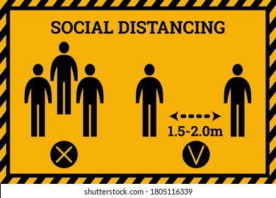 Social distancing. Please keep safe distance. Horizontal banner.Icon black and yellow color. Coronovirus epidemic protective. Stock vector illustration.