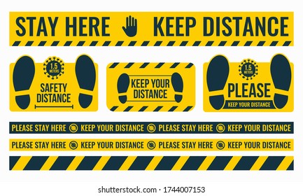 Social Distancing. Please Keep Your Distance. Safe distance. Place the yellow floor sticker at a distance from the floor. Marking tape where there are a lot of people. Vector image.