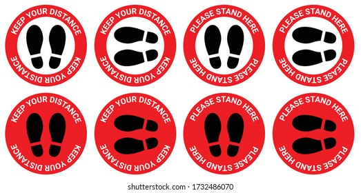 Social distancing, Please Stand Here, Keep Your Distance Sticker, footprint sign red color, COVID-19 Coronavirus, New Normal, signage vector, Lift, Elevator, caution