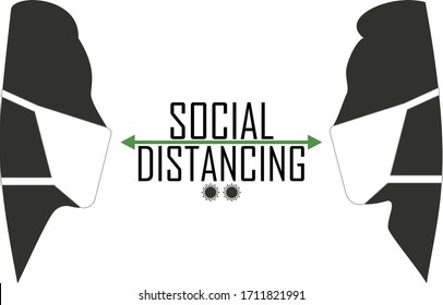 Social distancing for prevent virus covid-19. Man and woman are talking in white masks. Coronavirus bacteria. Health care concept. 