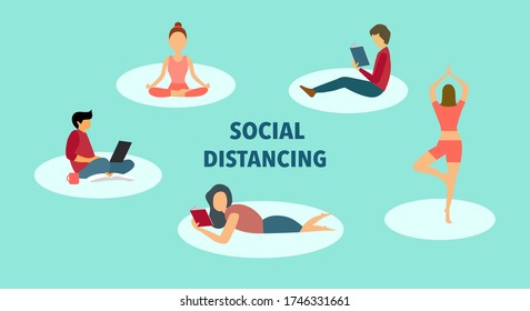 Social distancing for preventing Covid-19 coronavirus pandemic outbreak. People do activities and keeping a circular distance boundary in flat design. Self isolation or avoid social contact.