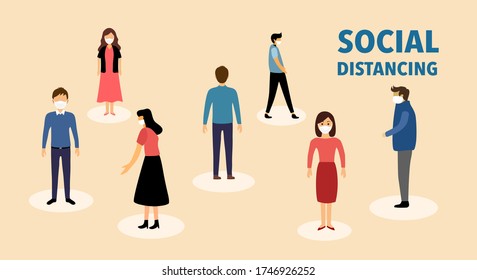 Social distancing for preventing Covid-19 coronavirus pandemic outbreak. People standing away and keeping a circular distance boundary in flat design. Self isolation or avoid social contact.