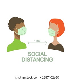 Social distancing to protect from COVID-19 coronavirus outbreak spreading concept. Keep the 1-2 meter distance. Conceptual vector illustration.