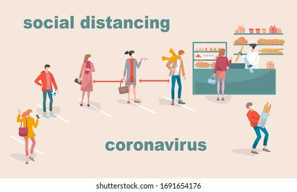 Social distancing  to protect from COVID-19 coronavirus. Mans and women wait in line in the bakery shop and  keep safe distance.New normal