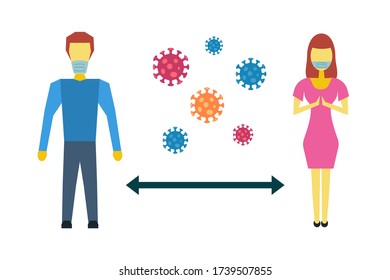 Social distancing to protect from COVID-19 coronavirus outbreak spreading concept. Man woman keep distance away. Virus pathogens. Vector illustration