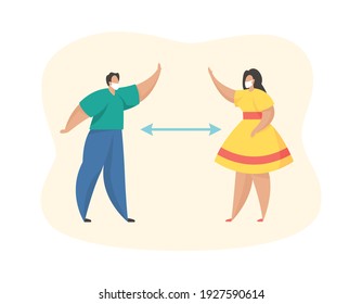 Social distancing. Protect from COVID-19 coronavirus outbreak spreading concept. Man and woman cartoon characters waving to each other while standing at a distance from each other. Flat vector